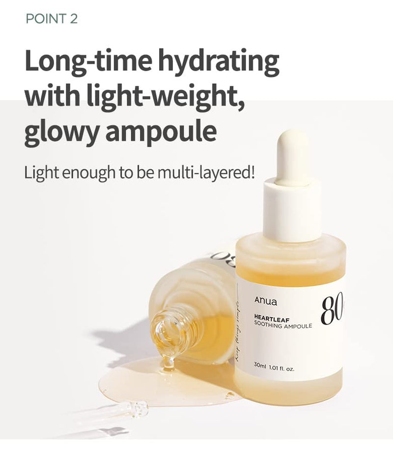 Heartleaf 80 Soothing Ampoule, Hydrating Facial Serum for Glass Skin, Hyaluronic Acid, Panthenol, Lightweight, Non-Greasy Formula, Korean Skincare, 1.01 Fl.Oz